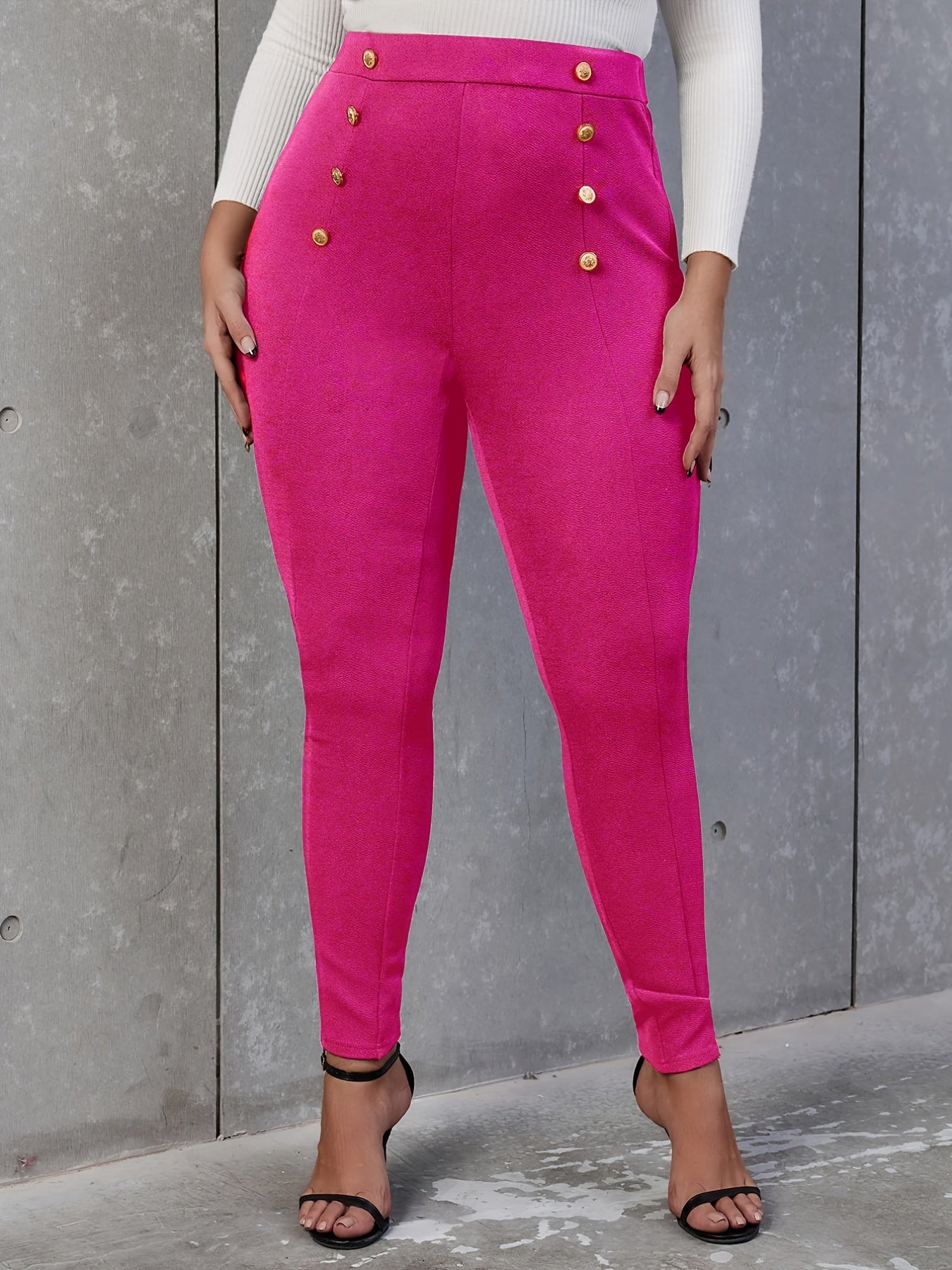  High Rise Double Breast Decor Skinny Pants