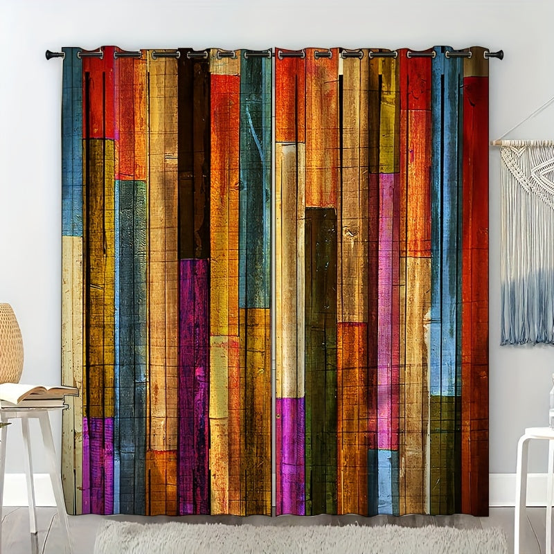 2pcs Wood Stripe Pattern Semi Blackout Curtains