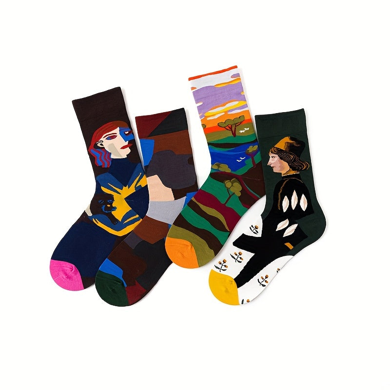 4 Pairs Portrait Print Socks Women's Mid Tube Stockings