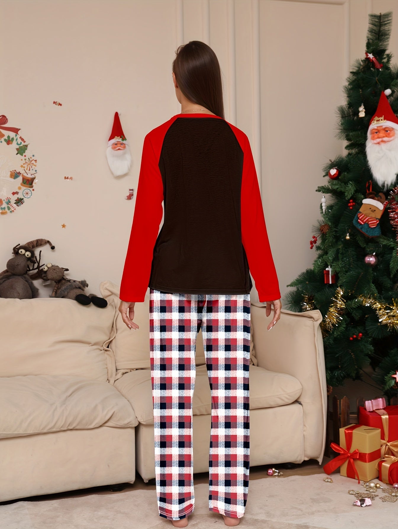 Cartoon Christmas Print Pajama Set Long Sleeve Crew Neck Top & Plaid Pants