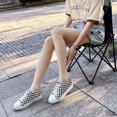 Women's Checkerboard Pattern Canvas Shoes Lace Up Low Round Toe