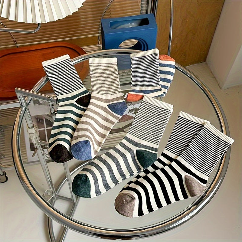 5 Pairs Striped Crew Socks Comfy & Soft Women's Stockings
