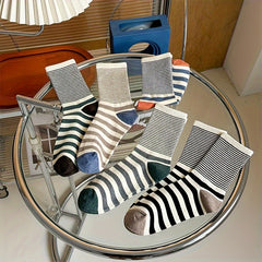 5 Pairs Striped Crew Socks Comfy & Soft Women's Stockings
