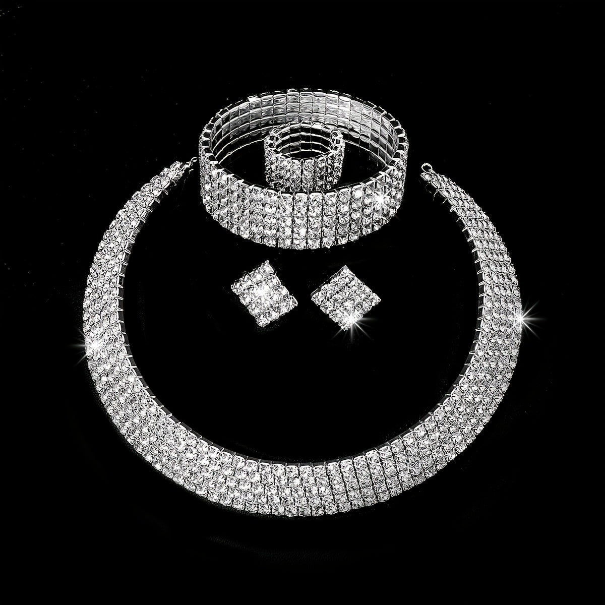 Rhinestone Crystal Jewelry Set: Choker Necklace, Earrings, Bracelet & Ring