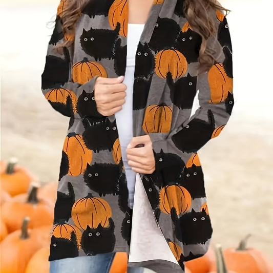  Halloween Cat & Pumpkin Print Cardigan