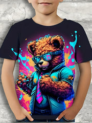Boys Bear Graphic T-shirt Active Stretchy Short Sleeve Tee for Summer