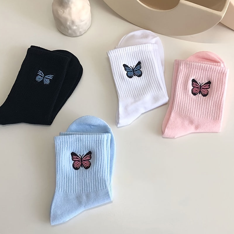 Butterfly Embroidery Socks, Women's Mid Tube Stockings