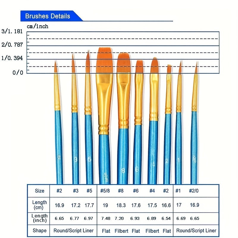 10pcs Watercolor Gouache Painting Brush Set Round Pointed Hook Pen Hair Brushes