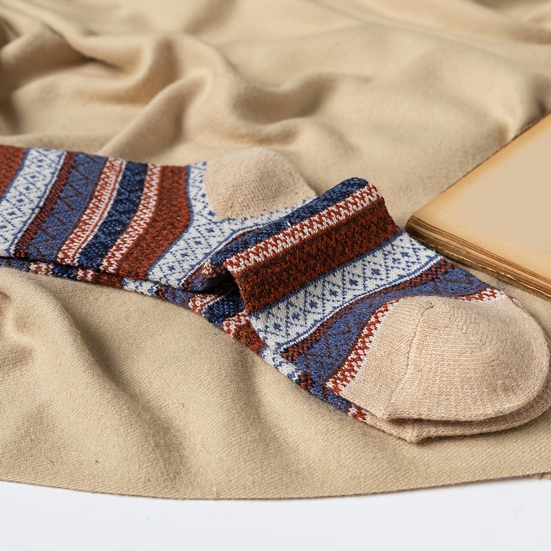 5 Pairs Women's Ethnic Style Curry Striped Thick Warm Socks