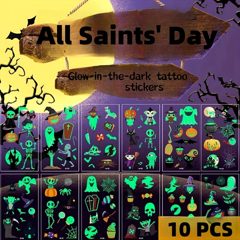 10pcs Halloween Glow Stickers Cartoon Face Temporary Tattoo