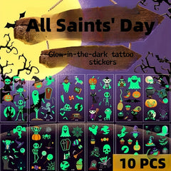 10pcs Halloween Glow Stickers Cartoon Face Temporary Tattoo