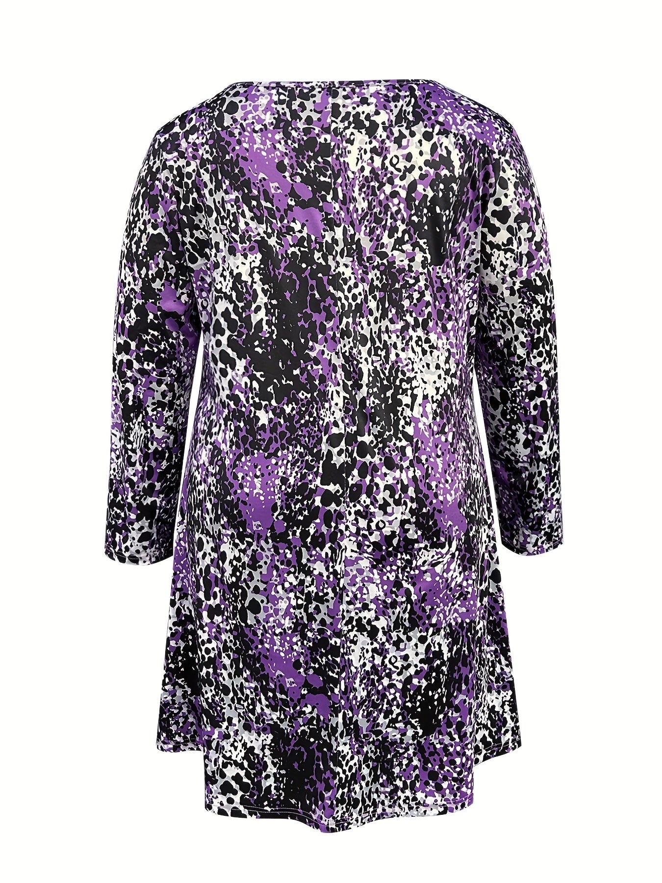 Plus Size Allover Print Criss Cross Long Sleeve V Neck Dress