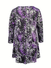 Plus Size Allover Print Criss Cross Long Sleeve V Neck Dress