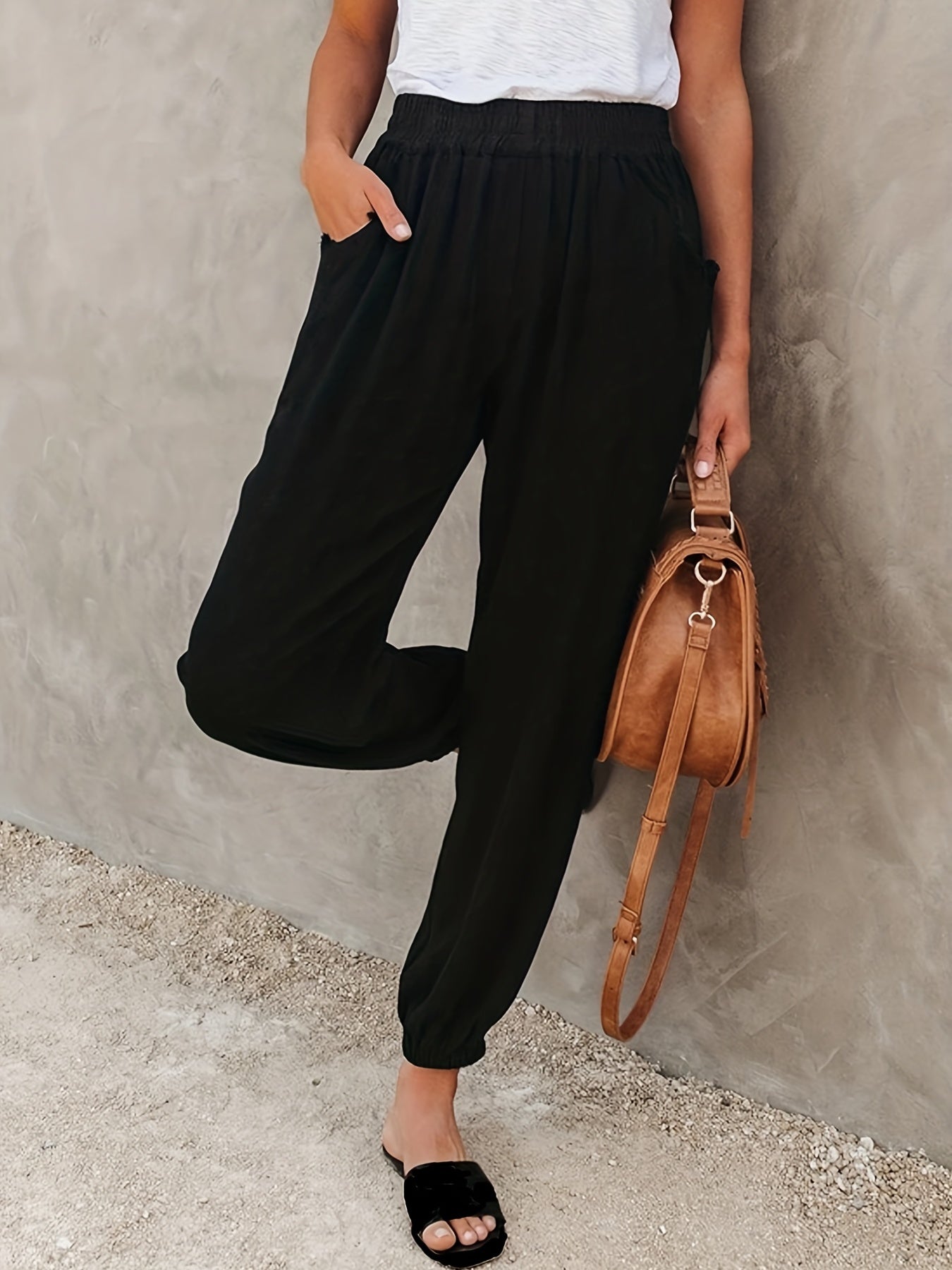  Solid Elastic High Rise Loose Fit Jogger Trousers With Pockets
