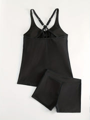  Casual Tankini Set Solid V Neck Cami Top & Shorts Swimsuit
