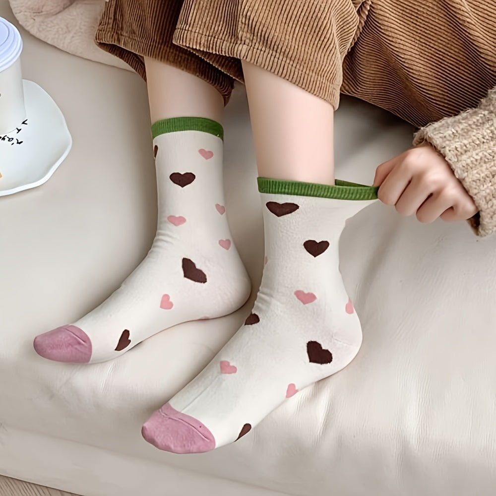 5 Pairs Floral & Heart Print Socks Women's Mid Tube Stockings