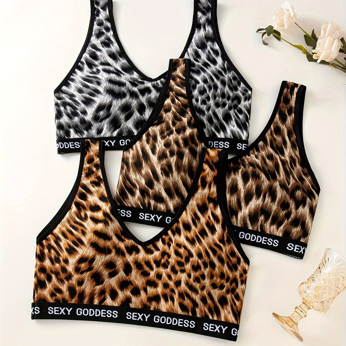 3pcs Leopard Wireless Bras Comfy Letter Print Bra Women's Lingerie