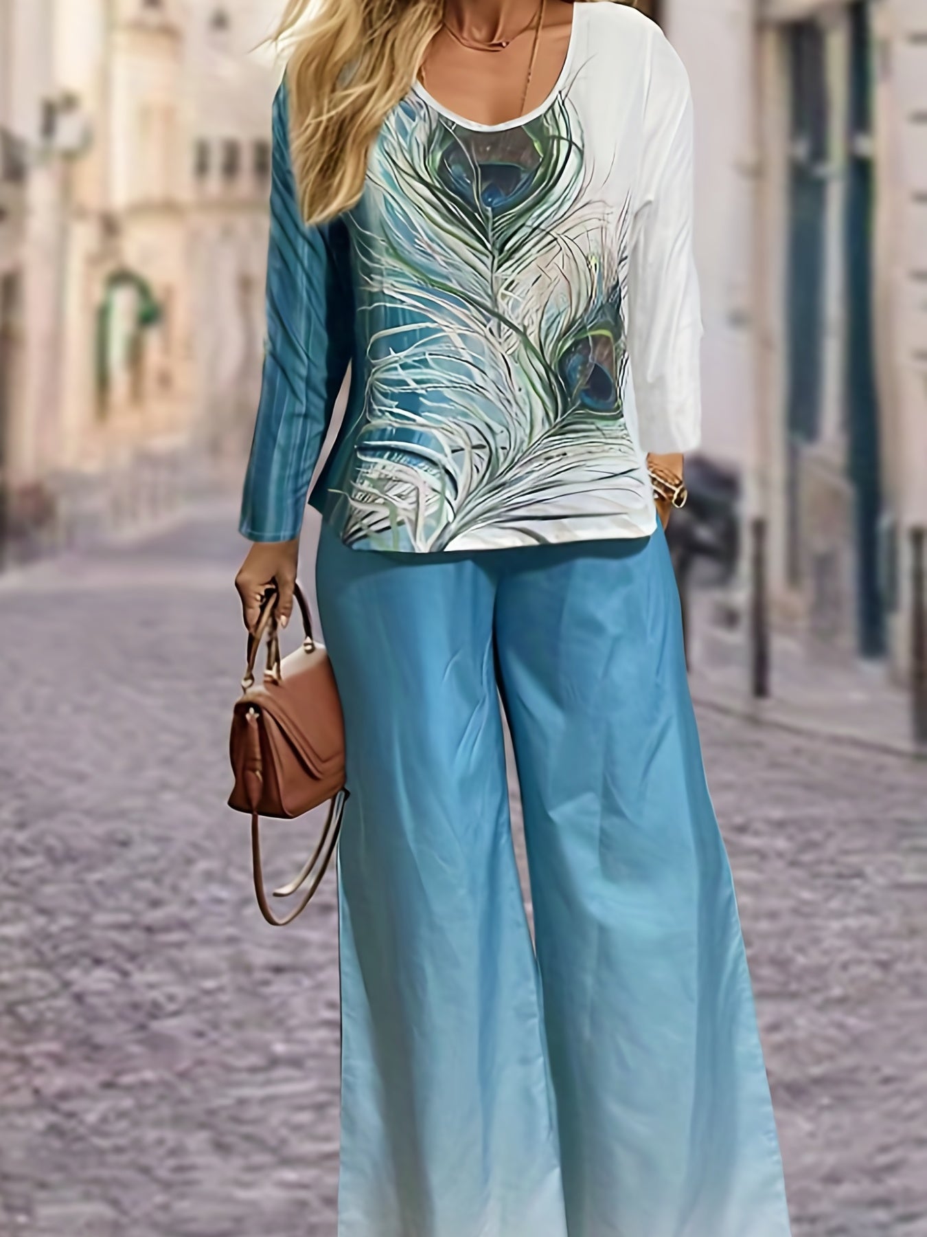  Ombre & Feather Print Tee & Pants Set