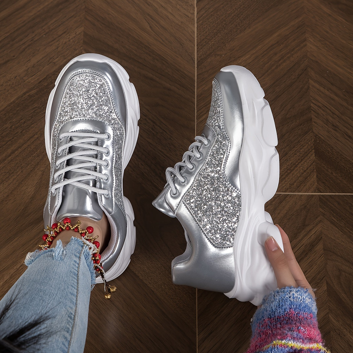 Glitter Chunky Sneakers Lace Up Running Shoes Low Top Dad Shoes
