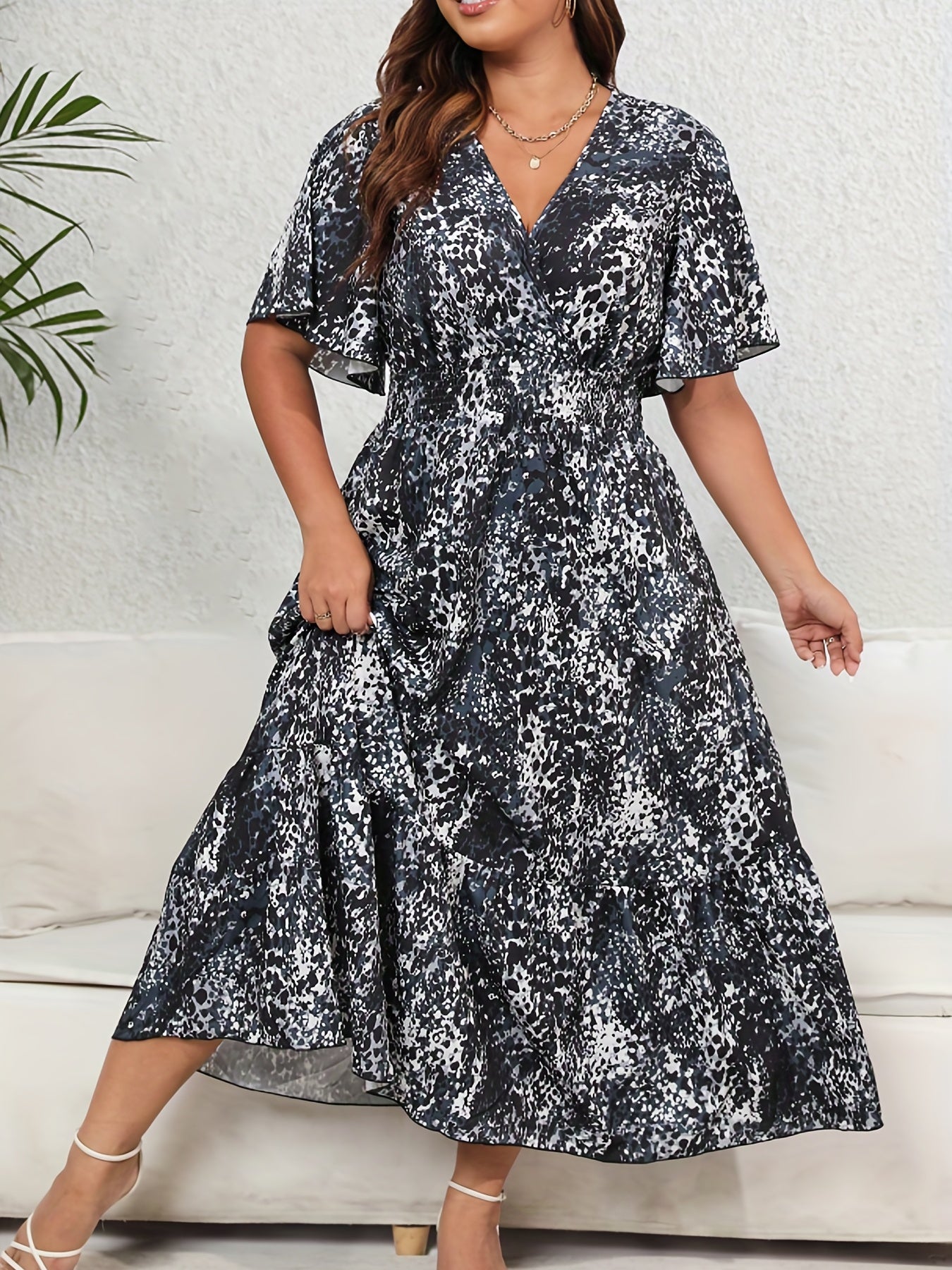  Allover Print Flutter Sleeve Surplice Neck Maxi Dress