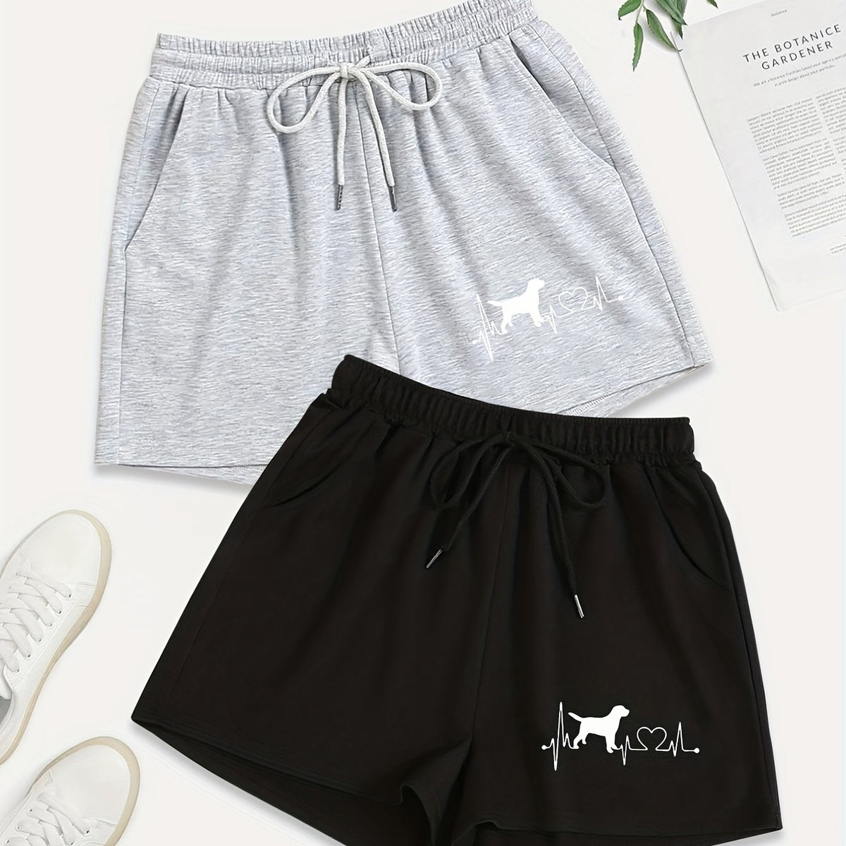 2 Pack Plus Size Casual Shorts Women's Plus Heart & Dog Print Drawstring Shorts