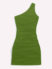Y2K Solid One Shoulder Dress Bodycon Ruched Sleeveless Dress