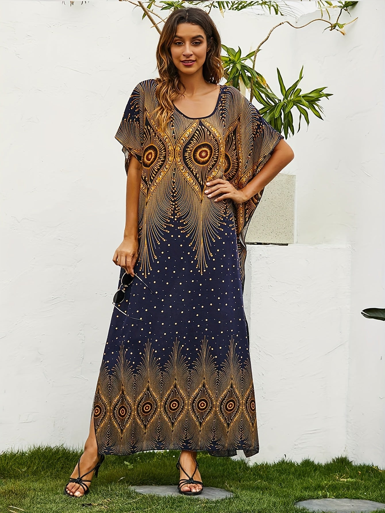  Boho Kaftan Dress Women's Plus Tribal Print Bat Sleeve