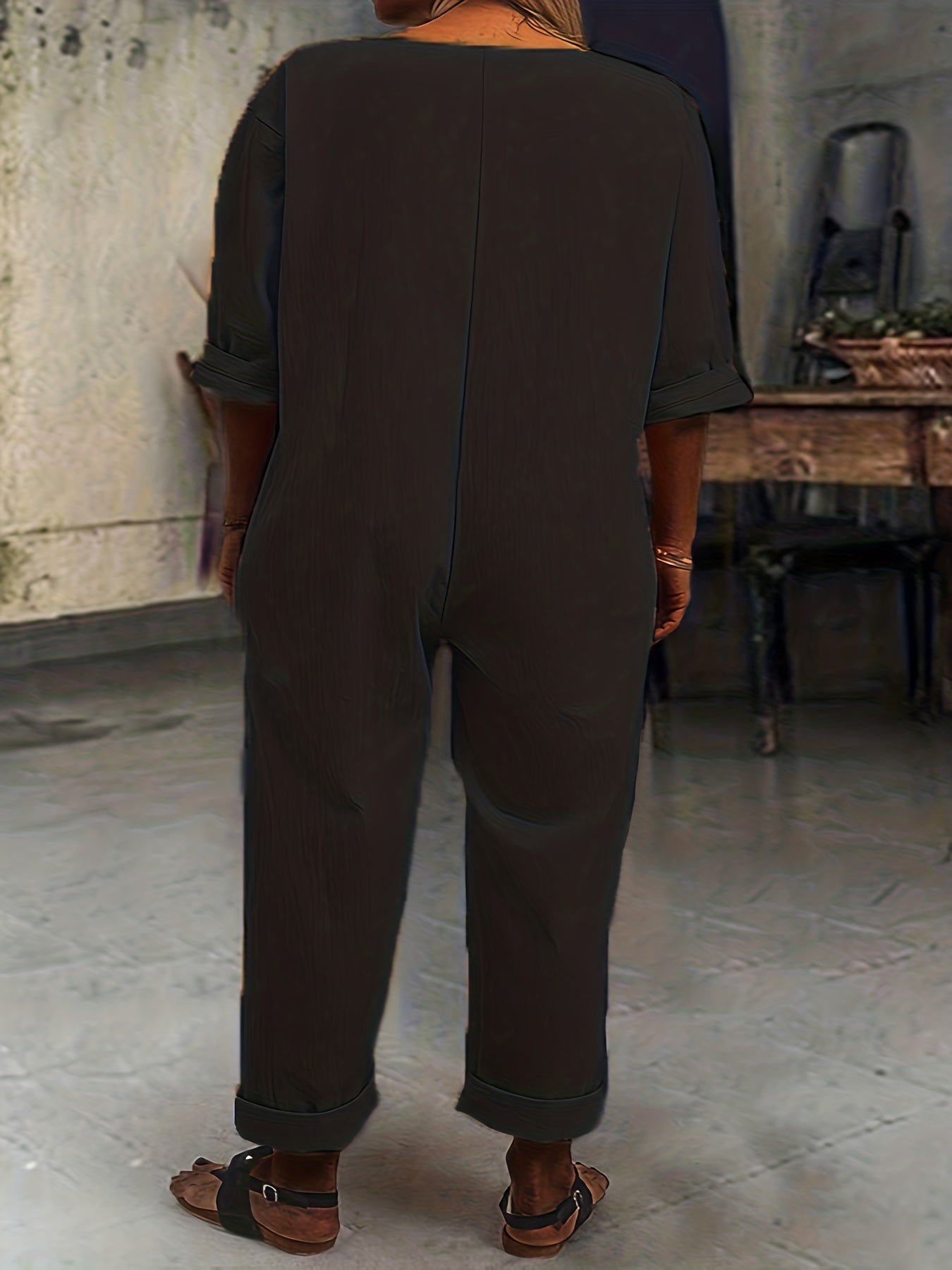  Half Sleeve Round Neck Button Up Jumpsuit