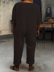  Half Sleeve Round Neck Button Up Jumpsuit