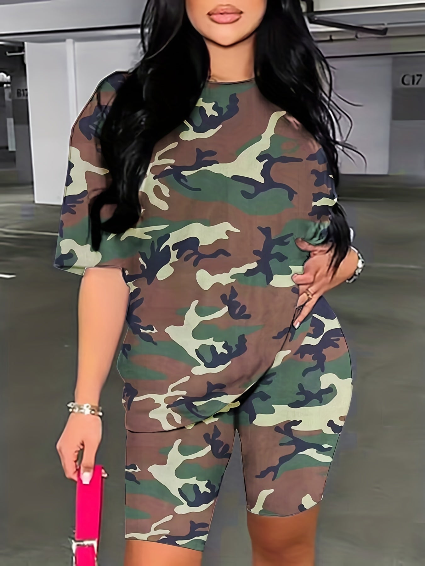 Women's Plus Camo Print Tee & Shorts Two Piece Set