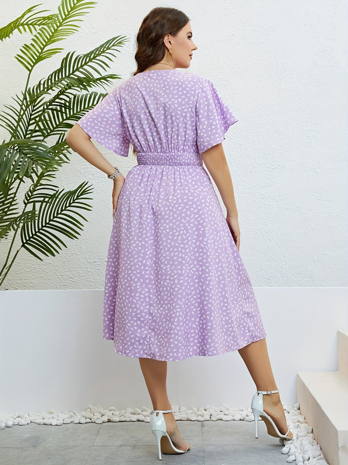  Dot Print Surplice Neck Ruffle Sleeve Nipped Waist Pleated Dress