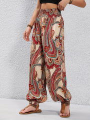 Paisley Print Shirred Waist Pants Boho Long Length Jogger Pants