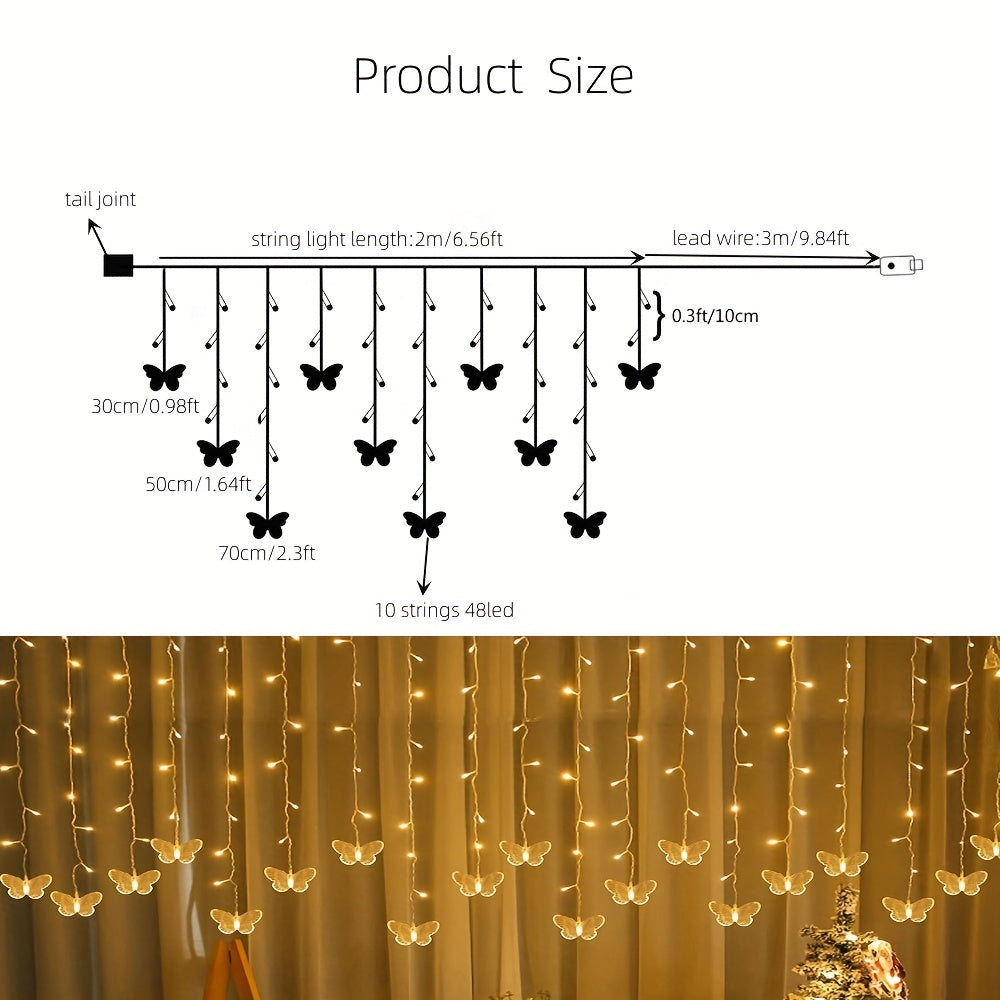 48 LED USB Curtain Lights 8 Modes Waterproof 10 Butterflies for Christmas Decor
