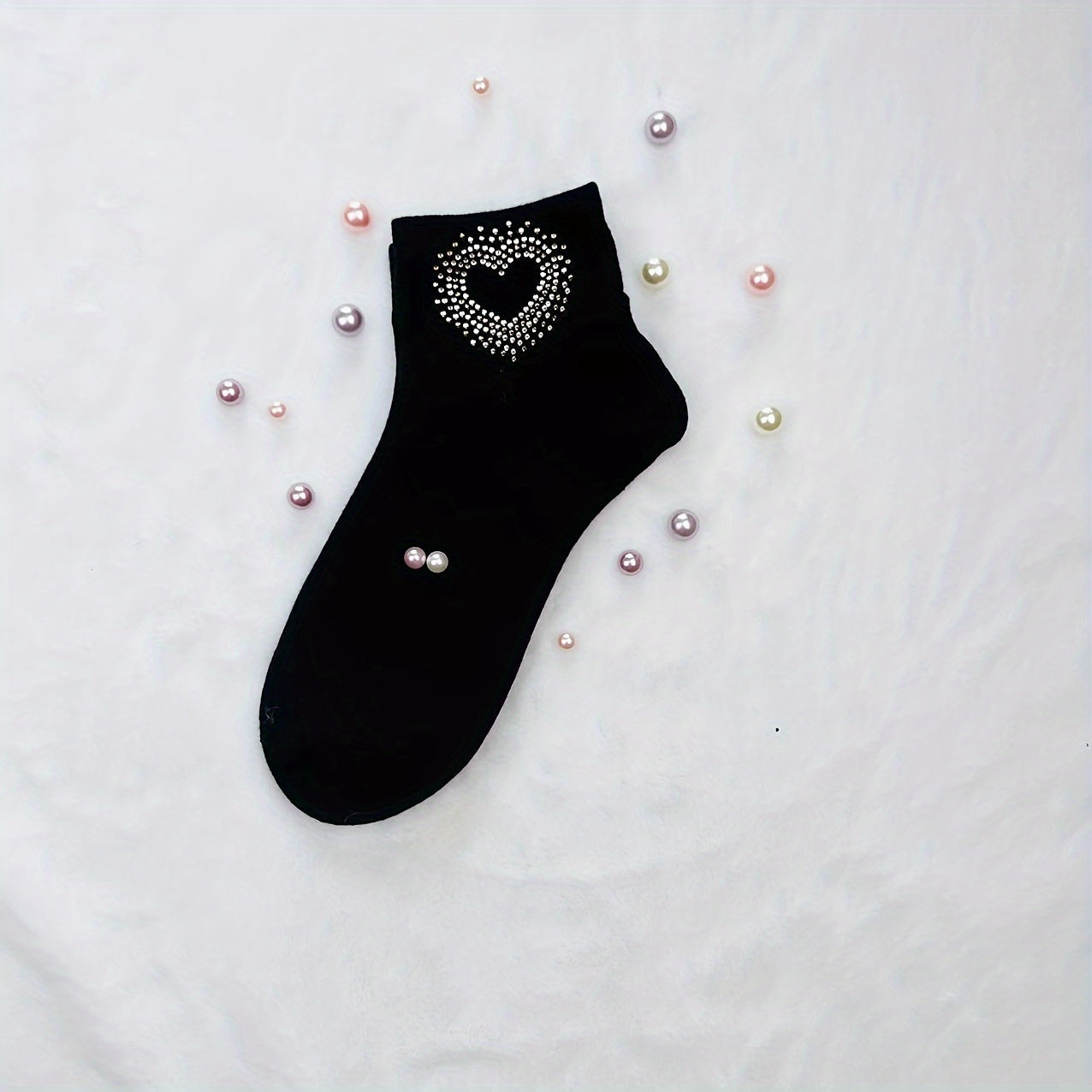 5 Pairs Heart Rhinestone Socks Comfy & Breathable Women's Stockings