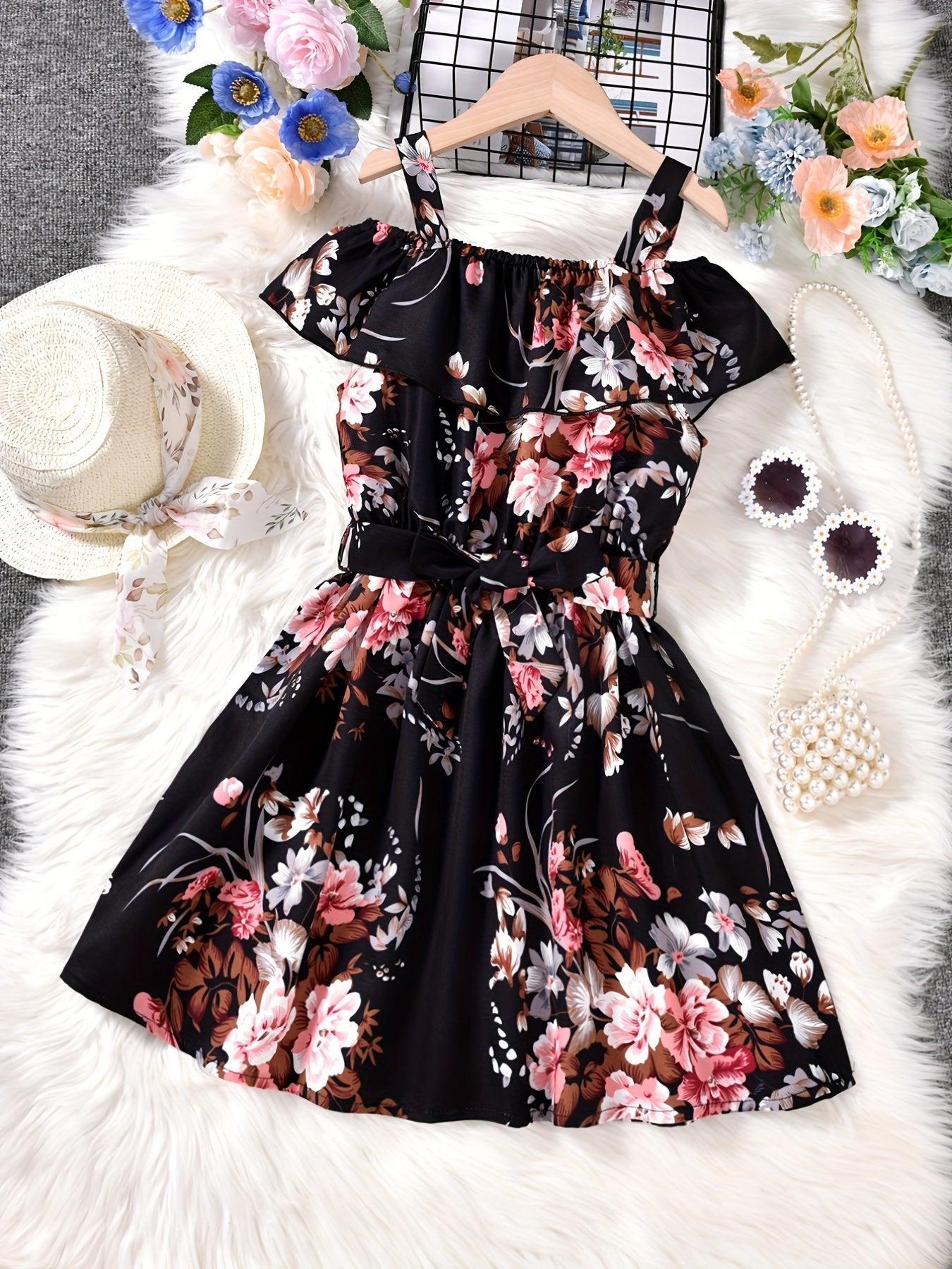 Girls Cold Shoulder Ruffle Trim Flowers Graphic Princess Dress