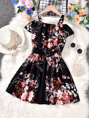 Girls Cold Shoulder Ruffle Trim Flowers Graphic Princess Dress
