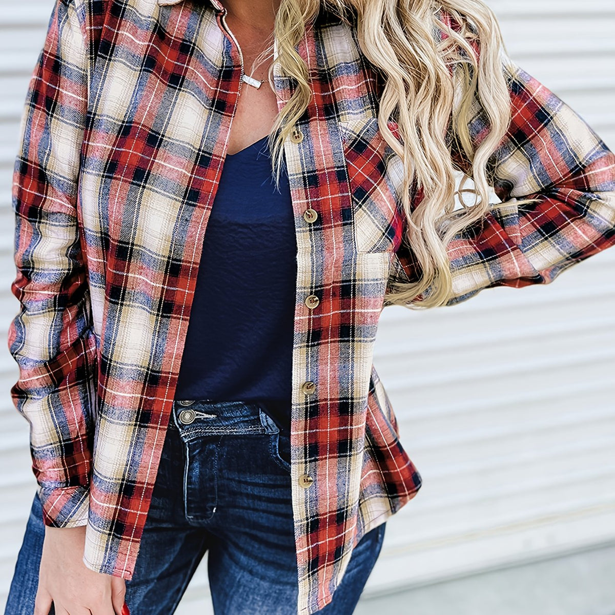  Plaid Print Button Up Long Sleeve Blouse