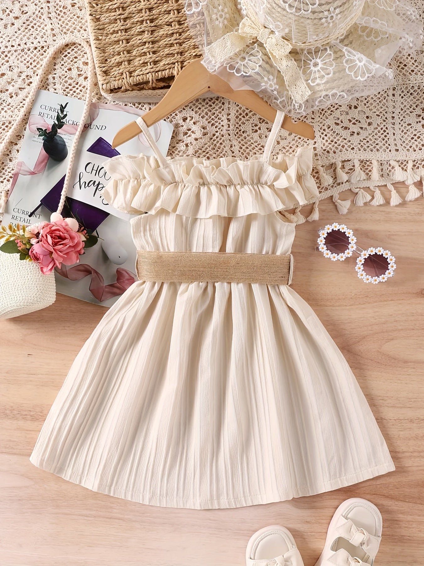 Girls' Off-Shoulder Princess Dress with Strappy Frills