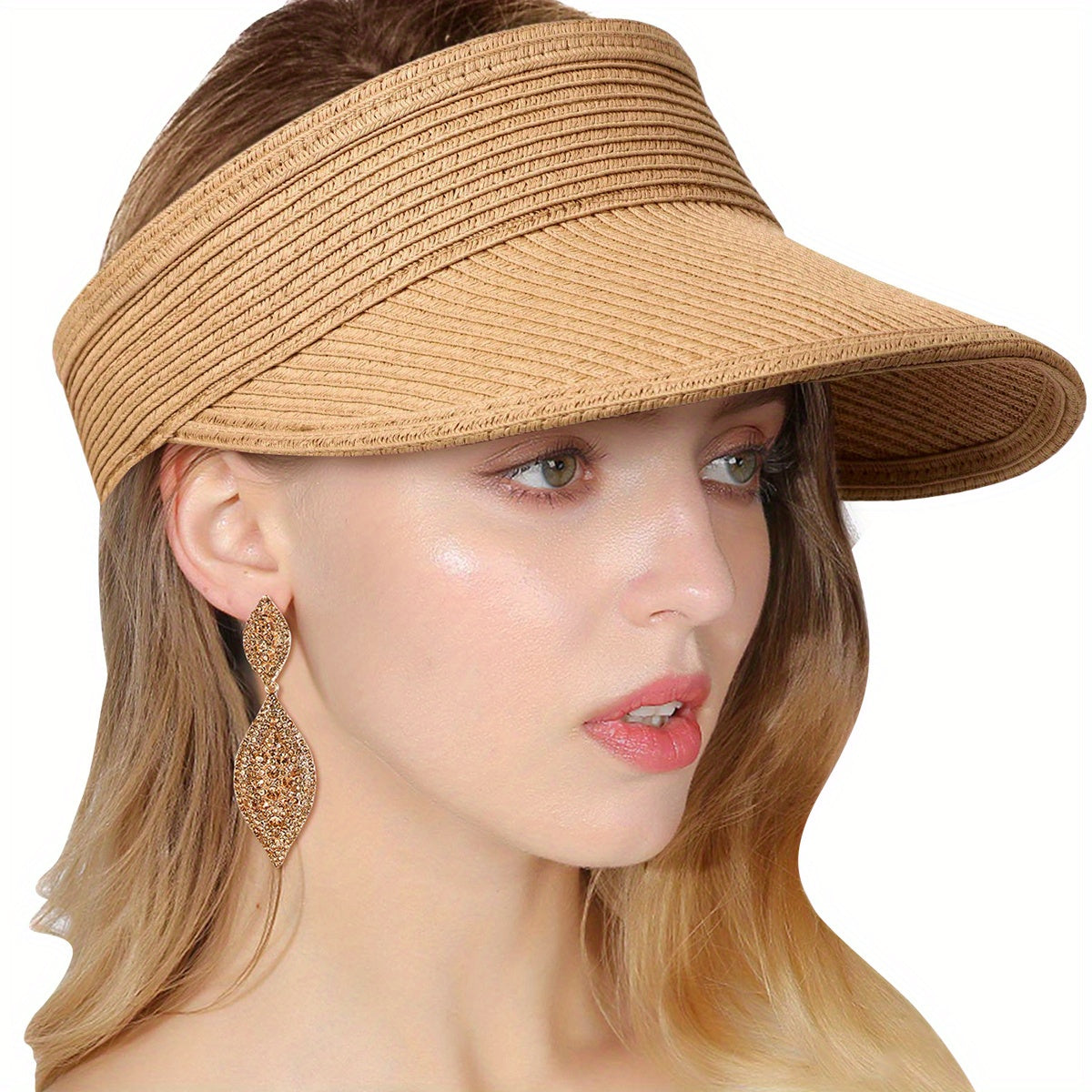 Solid Straw Visor Hat Foldable UV Protection Sun Hat for Women