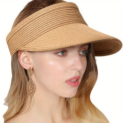 Solid Straw Visor Hat Foldable UV Protection Sun Hat for Women