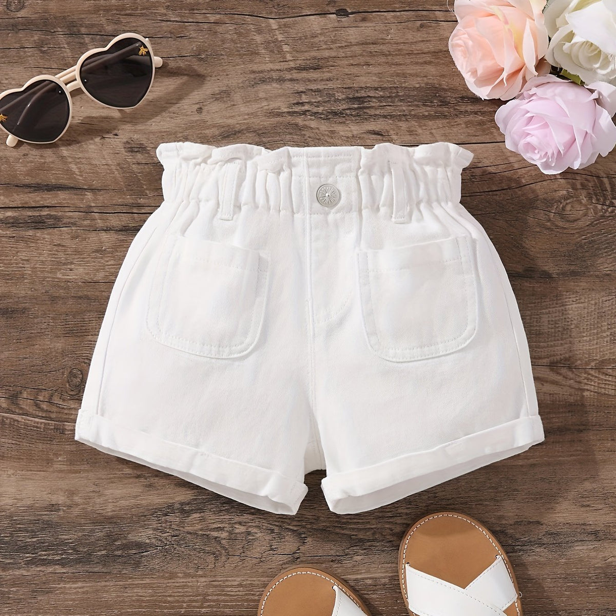 Girls' Elastic Waist Pleated Denim Shorts, Summer Outerwear