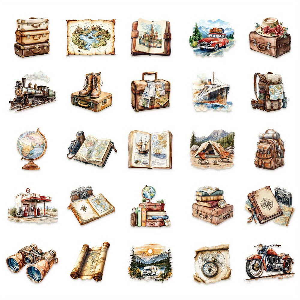 50pcs Vintage Travel Diary Stickers - Suitcase Map Compass Camera Designs