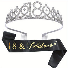 Rhinestone Tiara Crown & Sash Set for Birthday Party - Women Girls