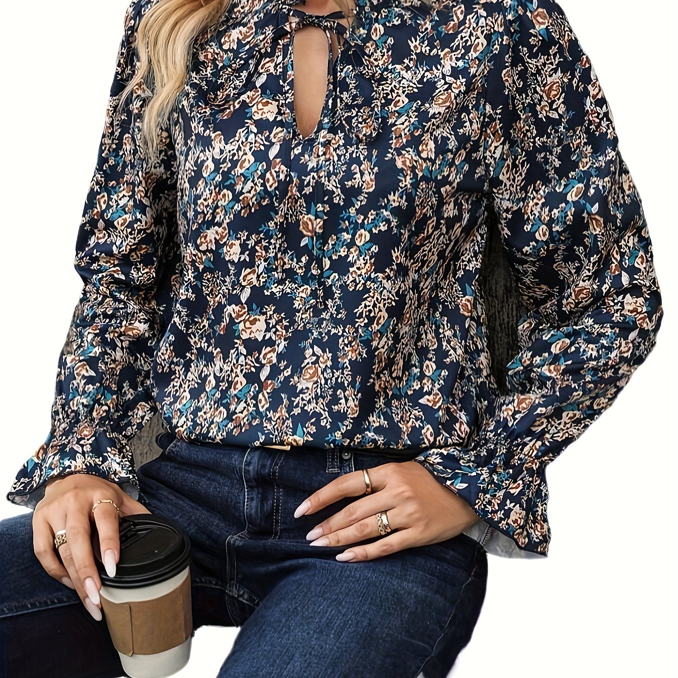 Ditsy Floral Print Ruffle Trim Blouse