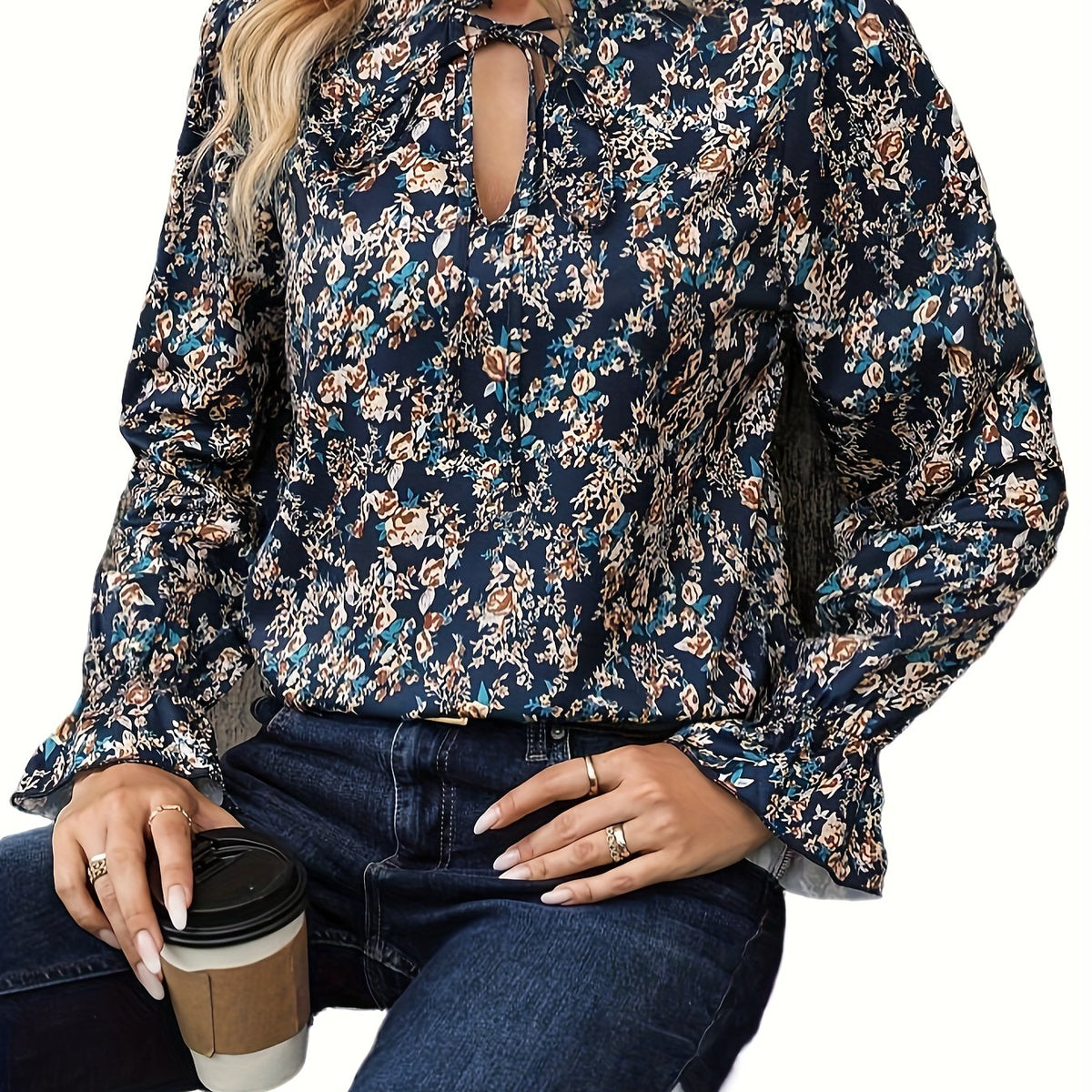  Ditsy Floral Print Ruffle Trim Blouse
