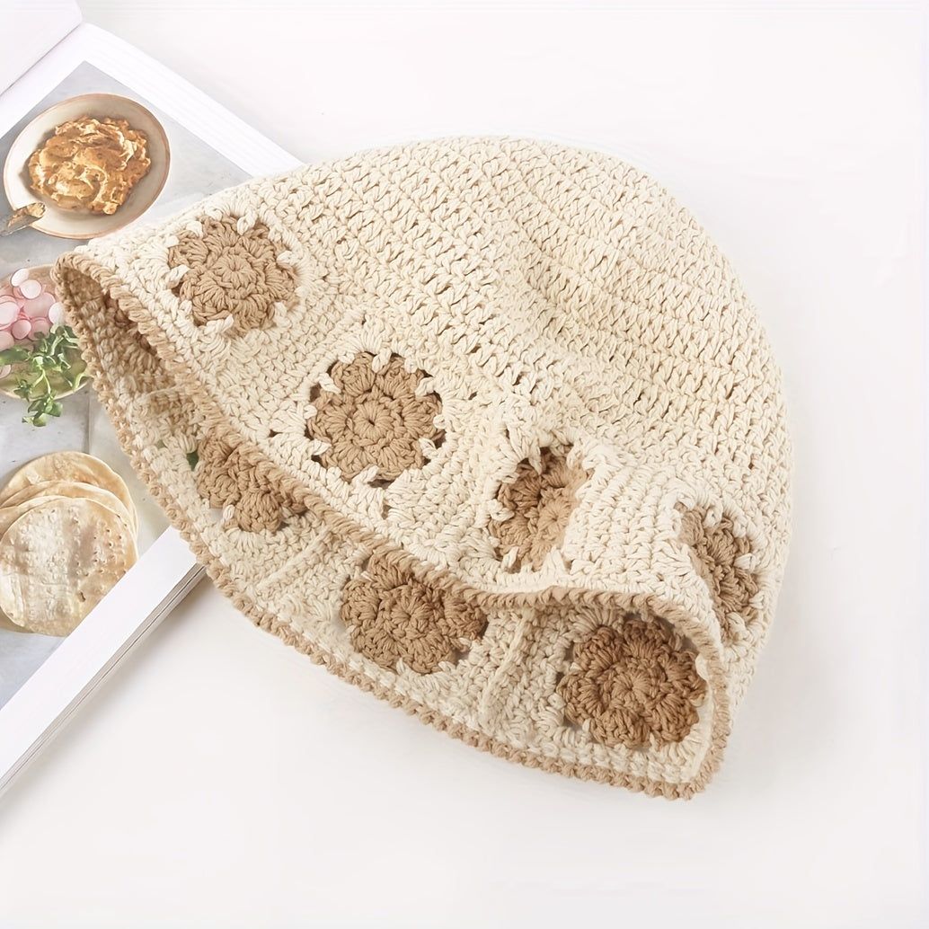 Flower Crochet Bucket Hat Thin Beanie Lightweight Block Cl