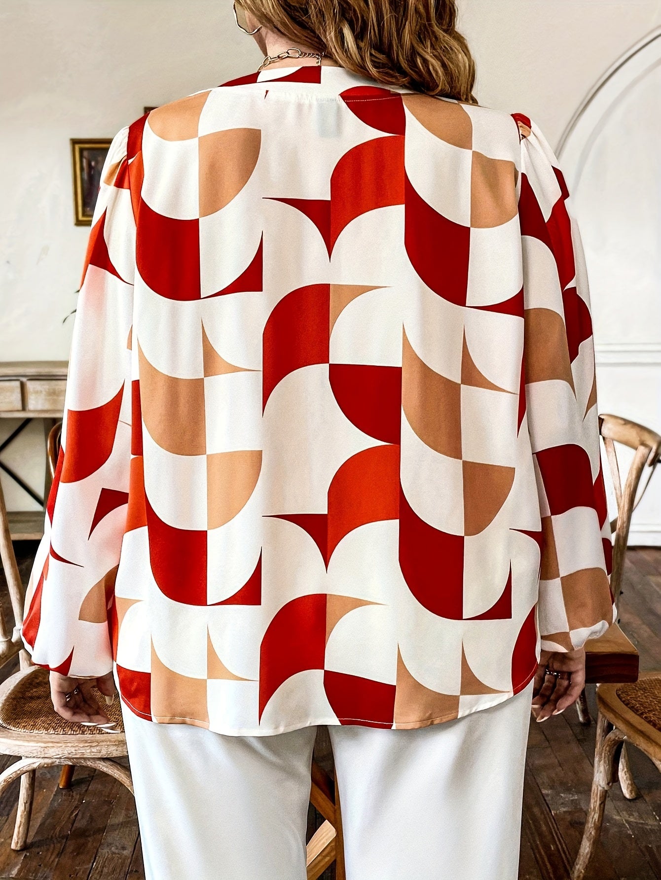  Casual Blouse Women's Plus Colorblock Geometric Print V Neck Blouse