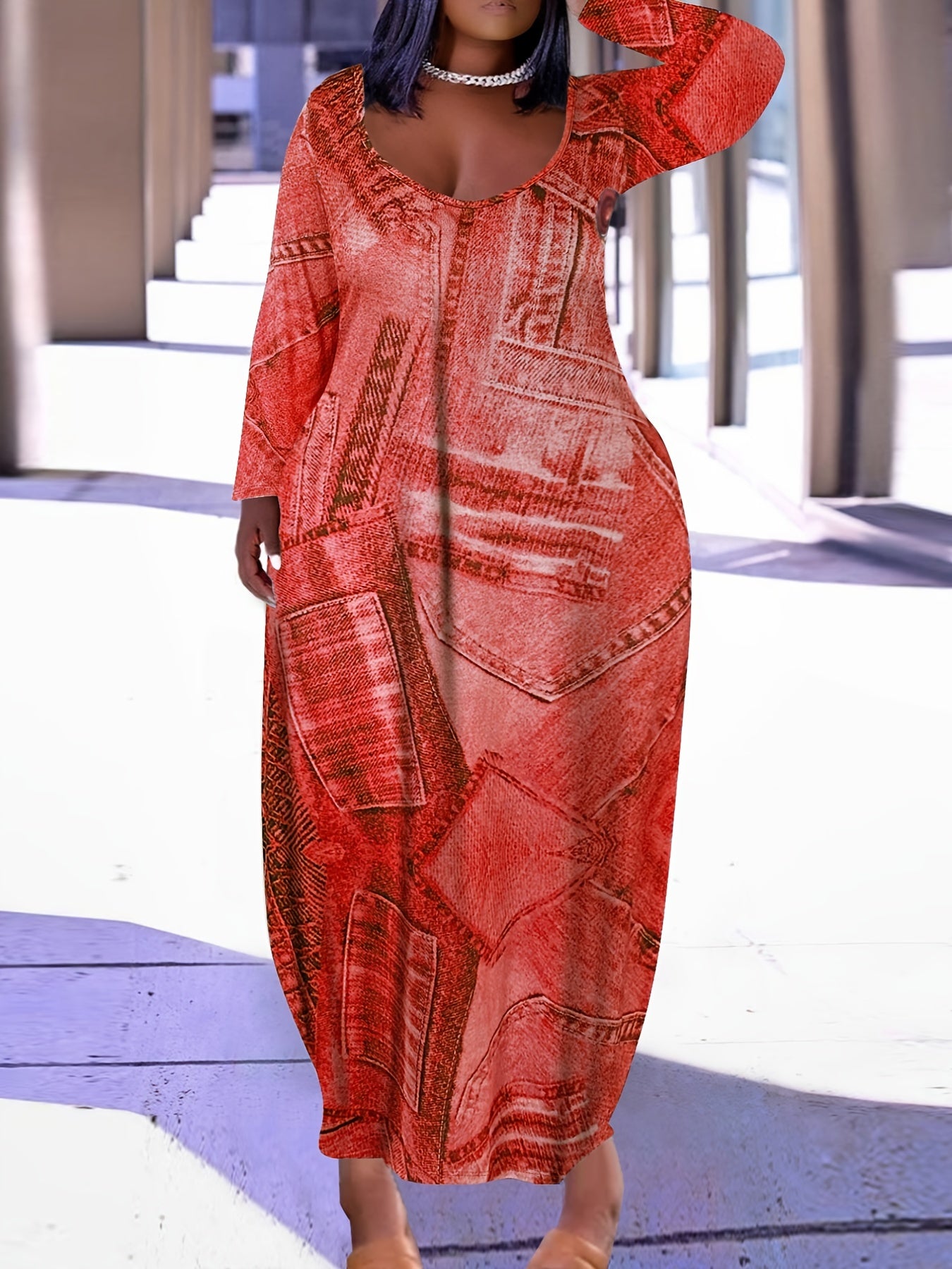  Denim Print Maxi Dress Long Sleeve Round Neck