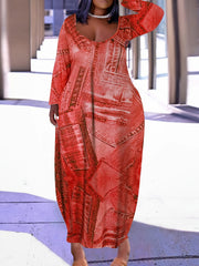  Denim Print Maxi Dress Long Sleeve Round Neck