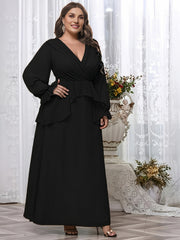  Solid Layered Flounce Sleeve Maxi Formal Dress
